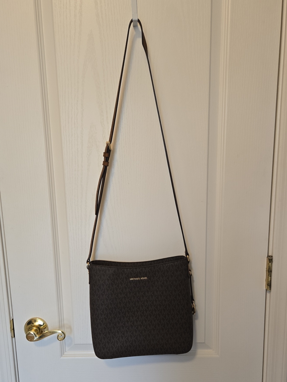 Michael Kors Brown Logo-Print Crossbody Bag with Gold Hardware